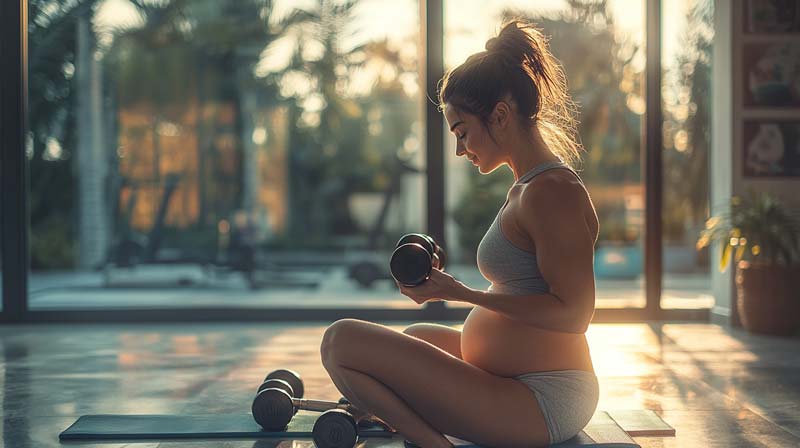 A pregnant woman sitting on a mat in a gym, holding light dumbbells, focusing on her strength training as part of her routine for pregnancy and physical activity.