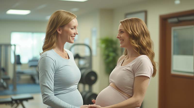 A pregnant woman in a fitness studio is having a warm conversation with a healthcare professional, offering advice and support during pregnancy.