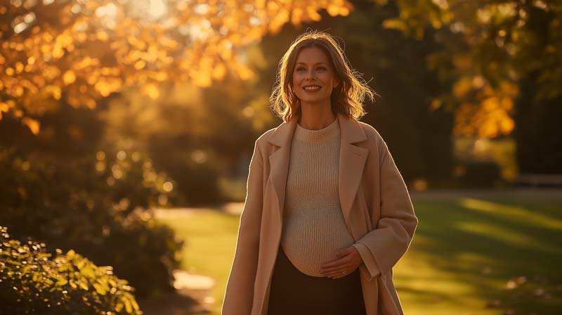 A pregnant woman smiling while walking in a serene park during autumn, managing pregnancy with physical activity. She wears a beige coat, holding her belly gently as the golden light from the sunset filters through the trees, creating a calm and uplifting atmosphere.