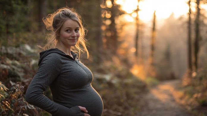 A pregnant woman smiles while walking in a forest at sunset, managing pregnancy with physical activity. She wears a dark hoodie, her hand resting on her belly as the golden light filters through the trees, symbolising a calm and balanced approach to physical activity during pregnancy.