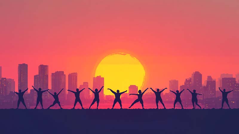 A minimalist illustration showing silhouettes of people practicing Qigong in front of a glowing sunset, with a city skyline in the background. The figures are arranged in a row, performing synchronized movements, creating a sense of calm and unity.