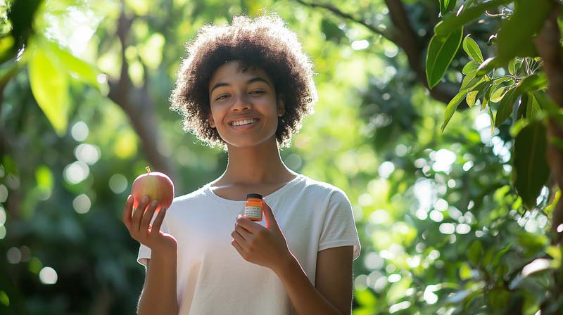 A smiling person standing confidently in a peaceful garden holding an apple in one hand and a supplement bottle in the other, symbolising balance between natural nutrition and supplements.