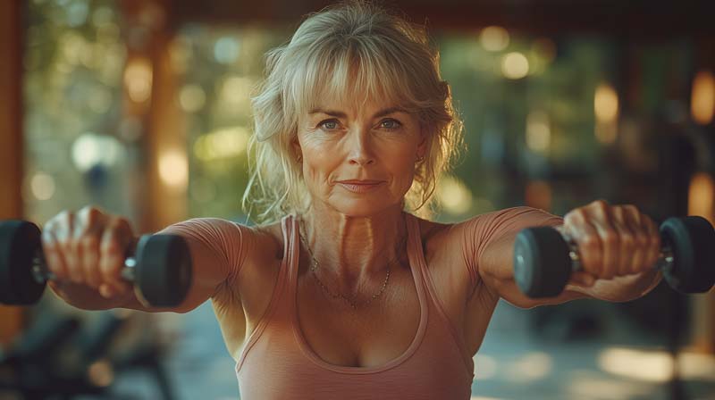 A focused image of an older woman in her 60s performing a dumbbell exercise, emphasising strength and determination in a well-lit environment.