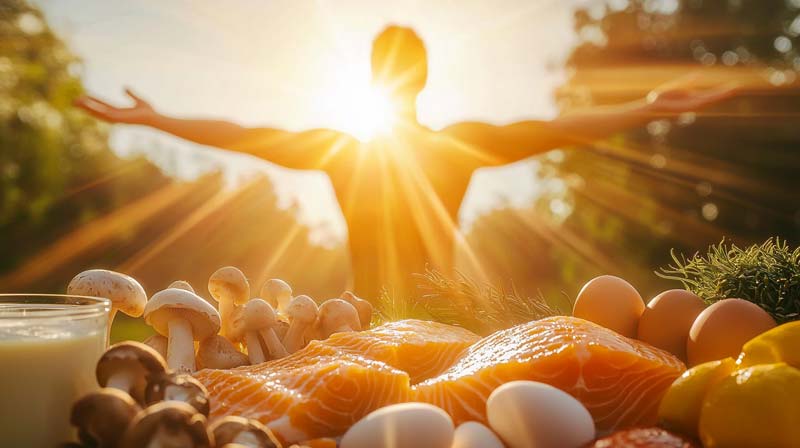 A bright sunny outdoor scene with a person standing with arms raised to the sun, surrounded by vitamin D-rich foods such as salmon, eggs, mushrooms, and milk.