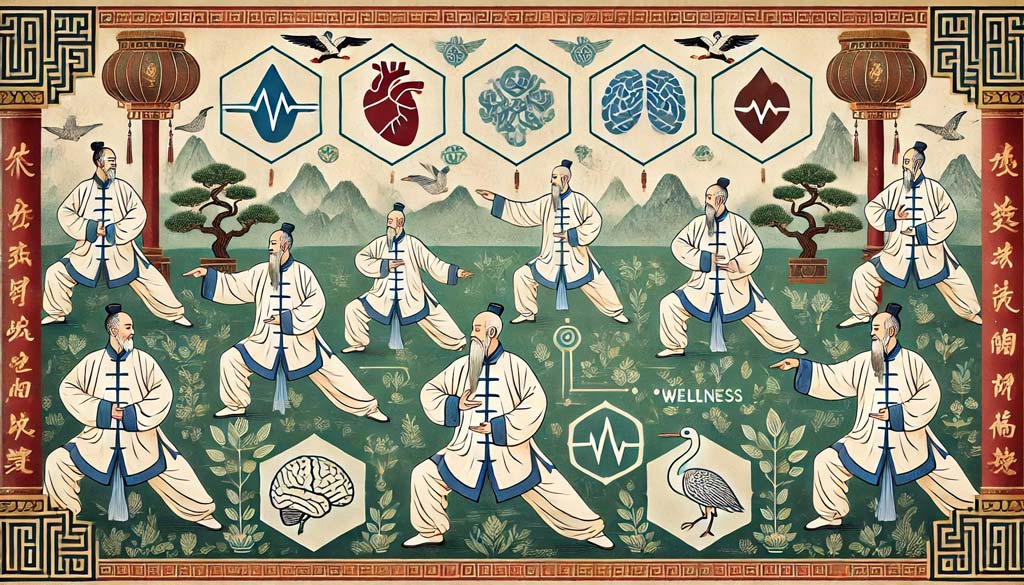 An ancient Chinese scroll depicting Tai Chi masters in traditional robes performing Tai Chi movements, surrounded by symbols of longevity such as cranes and pine trees. Prominent health icons, including a heart, brain, and pulse line, highlight the benefits of Tai Chi for health and wellbeing.