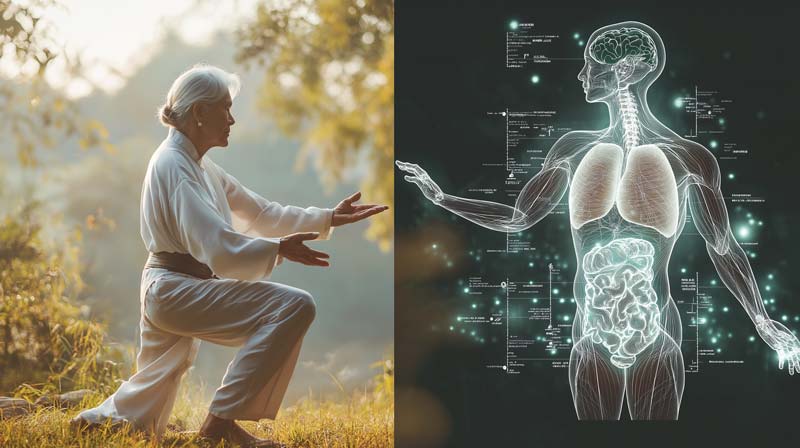 A split-screen visual showing an elderly woman practicing Tai Chi outdoors, alongside a digital illustration of human anatomy.