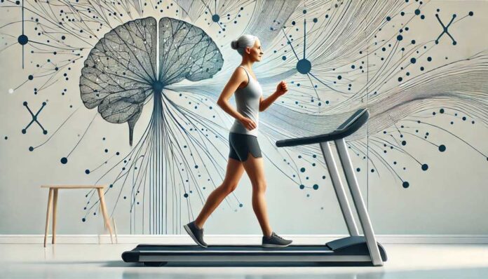 A woman with Parkinson's disease walking on a treadmill, symbolising the exercise benefits for Parkinson's disease, with abstract neural connections in the background representing the neurological improvements through physical activity and highlighting the exercise benefits for Parkinson's disease.