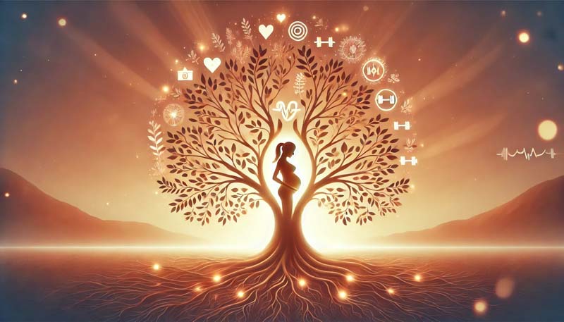 A glowing tree with deep roots and flowing branches symbolises physical activity and pregnancy. The tree's trunk forms the shape of a pregnant woman, with icons of health and movement integrated into the branches, while a sunrise in the background evokes strength and new life.