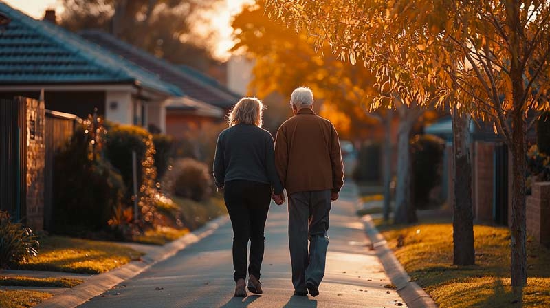 A man with Parkinson's disease walking alongside his wife in a peaceful suburban street at sunset, representing companionship and emotional support, illustrating the exercise benefits for Parkinson's disease and its non-motor benefits.