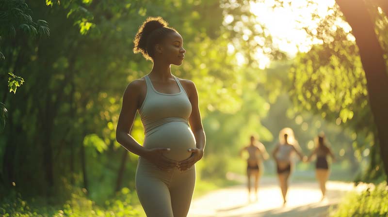 A serene outdoor scene featuring a confident pregnant woman walking in a lush park, surrounded by soft sunlight and greenery, with other women in the distance engaging in light activities.