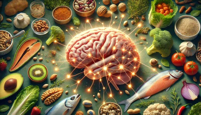 A close-up illustration of a human brain surrounded by foods like nuts, leafy greens, and fish, highlighting the connection between nutrition and brain health for sleep-regulating functions.