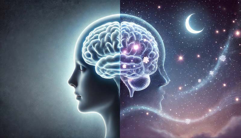 Side profile illustration of a human brain transitioning from healthy brain activity in soft blue and purple hues to calming sleep imagery, with stars and a crescent moon on the right side. Represents the link between brain health and sleep.