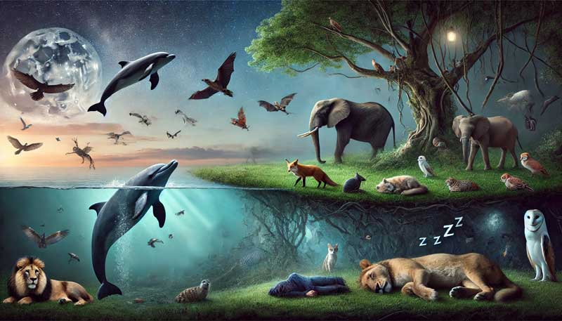 A dreamlike landscape depicting diverse animals in their natural sleep states under a twilight sky. A dolphin swims with one eye open in calm ocean waters, an elephant rests peacefully under a large tree, a fox curls up in a forest clearing, a bat hangs upside-down in a cave, and a lion lies on a grassy savannah. At the edge of the scene, a human rests peacefully under the stars, blending seamlessly with the serene natural environment.