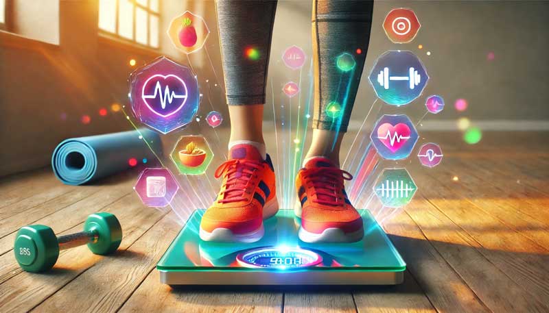 A person's feet wearing colourful trainers stand on a digital scale, surrounded by glowing icons of a heart rate monitor, a dumbbell, and a plate of healthy food, symbolising weight management and exercise, with a blurred home gym in the background.