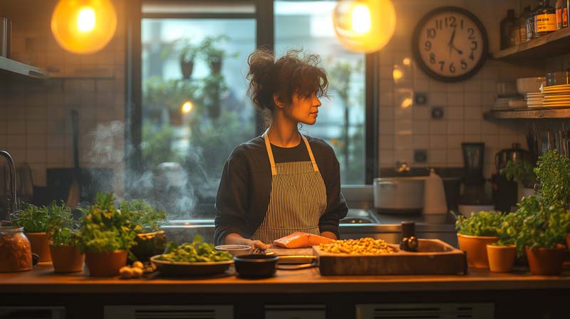 A tranquil evening kitchen scene softly lit, with a woman preparing a balanced meal with fresh ingredients like leafy greens and salmon, symbolising the role of nutrition in sleep quality and the mindful approach to enhancing sleep through diet.