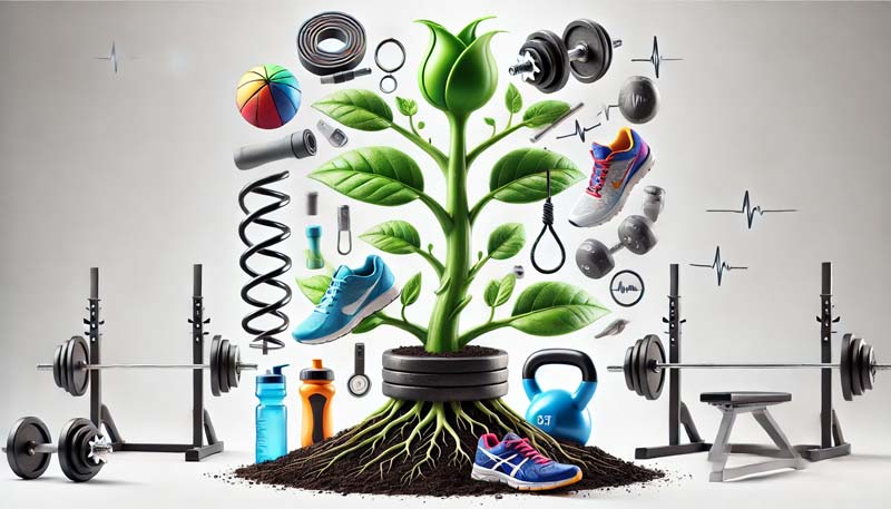 A visual of a growing plant symbolising fitness progress, with the seed in running shoes, the roots resembling resistance bands, the stem made of gym equipment, and the leaves evolving into fitness symbols, representing a balanced journey of strength and cardio, symbolising exercise prescription for weight management.