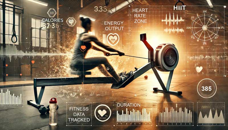 A person performing a high-intensity interval training session on a rowing machine, with sweat droplets highlighting effort and overlays of progress metrics like calories burned, duration, and heart rate in a neatly organised gym.