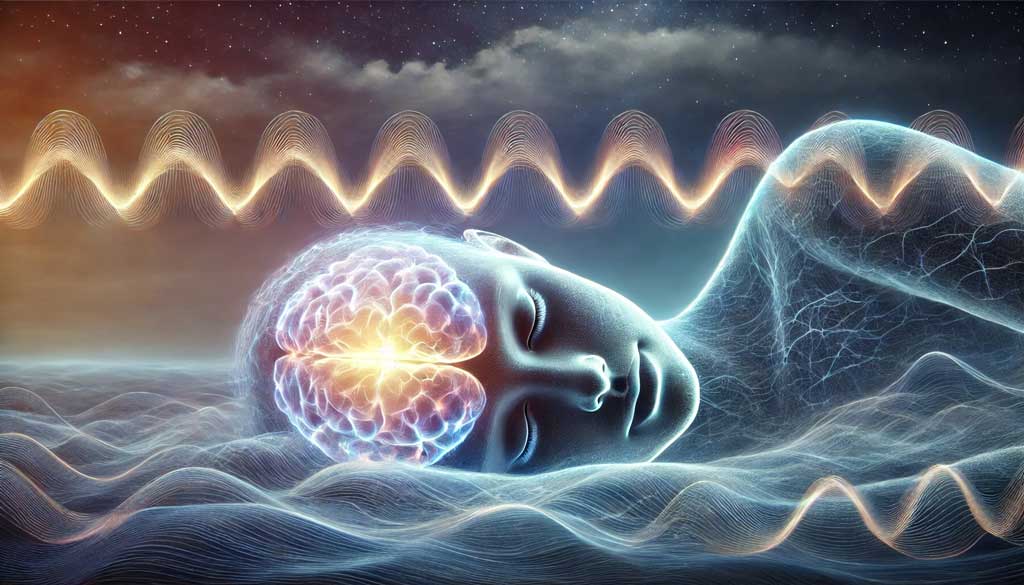 A calm, twilight landscape with a translucent human figure lying peacefully, surrounded by glowing brain wave patterns that illustrate brain sleep stages control for physical well-being.