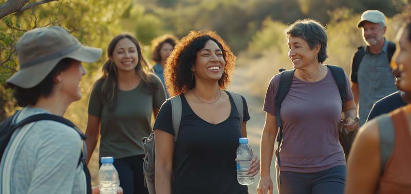 A group of diverse individuals, including women of various ages, walk together along a sunny nature trail. They are smiling and chatting, carrying backpacks and water bottles, surrounded by soft natural light and lush greenery, symbolising community, connection, and an active lifestyle.