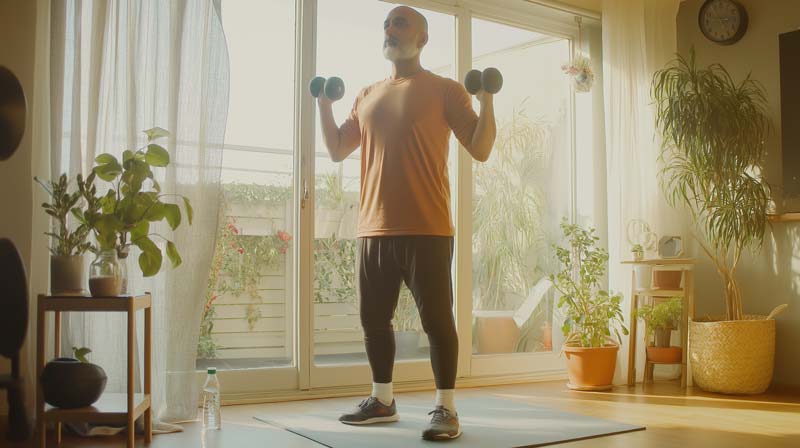 A middle-aged man with a beard performs light dumbbell exercises in a cosy front room filled with natural light. Surrounding him are potted plants, a small side table, and sheer curtains framing a view of an outdoor garden, symbolising a balanced and sustainable approach to health and exercise.