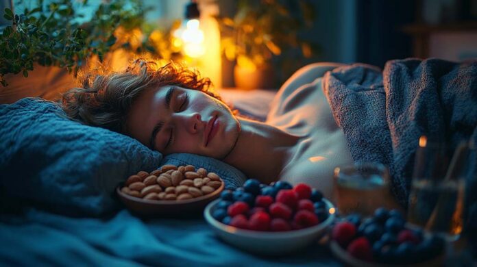 A tranquil bedroom scene with a peaceful figure asleep, surrounded by bowls of nuts and berries, symbolising the role of nutrition in sleep quality and emphasising a calm, restorative environment.