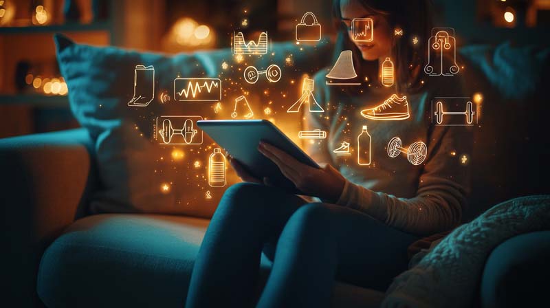 A lady sitting on a sofa at home, holding a tablet with glowing fitness icons such as weights, running shoes, and water bottles floating around them, symbolising exercise for weight management and personalised fitness planning.