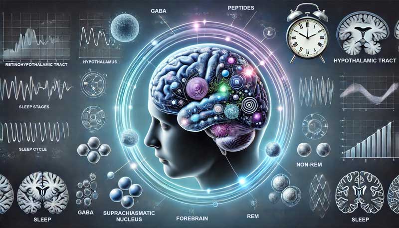 Medical illustration of the human brain in profile with labeled regions like hypothalamus and forebrain. Molecular icons for GABA, peptides, and hormones surround the brain, representing sleep regulation. Clock symbols indicate circadian rhythms, with blue light transitioning into darkness to depict environmental effects on sleep and restorative health. Layered elements represent REM and non-REM sleep cycles.