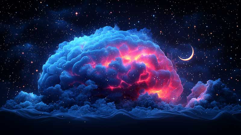 Artistic side profile of a human brain transitioning into a dreamy night sky, surrounded by clouds and stars with a crescent moon, representing the calming effects of sleep on brain health.