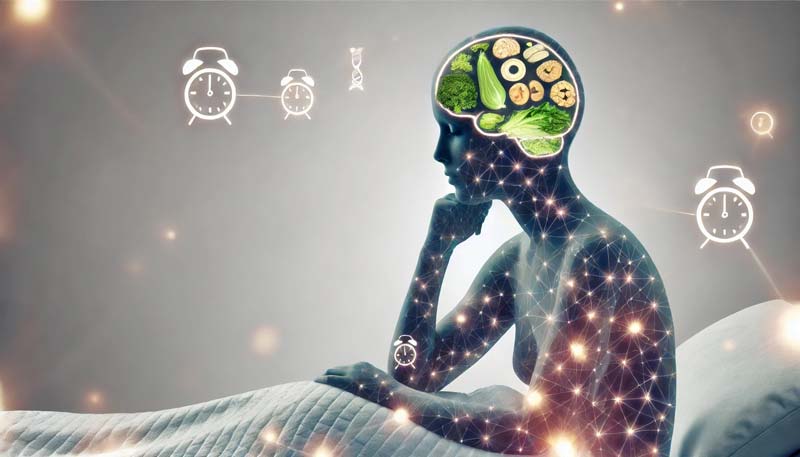 A human silhouette in a peaceful posture with interconnected glowing lines and symbols of foods like leafy greens, nuts, and fish inside, representing the holistic impact of nutrition on sleep quality through a complex, integrated system.