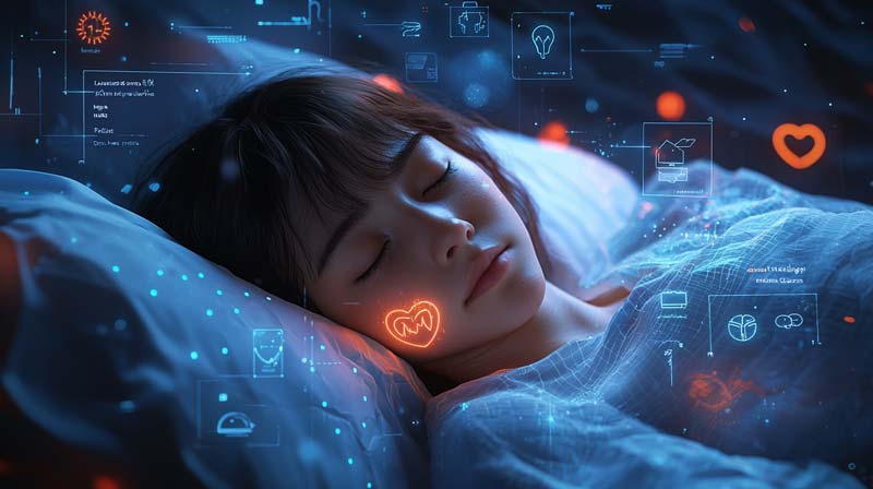 A serene illustration of a person peacefully asleep, surrounded by health-related icons and digital overlays, symbolising the impact of sleep and restorative health on immune function, heart health, and cellular repair. The icons highlight aspects like sleep cycles, daily habits, and restorative health effects.