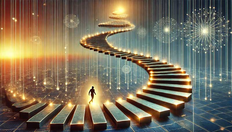 A figure ascending a spiral pathway of glowing stepping stones, symbolising incremental progression and personal growth, set against a sunrise with futuristic and natural elements.