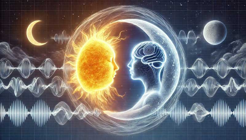 The sun and moon face each other in a graceful dance, with brain wave patterns weaving between them to symbolise the partnership between sleep pressure and circadian rhythms.