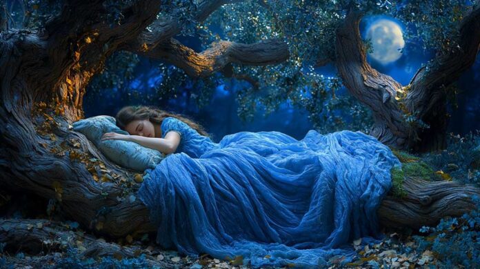 A woman sleeps peacefully on a rustic, tree-shaped bed under a canopy of leaves in a moonlit forest. She is dressed in a flowing blue gown that blends harmoniously with the natural setting, illuminated softly by the moonlight. The serene setting evokes a sense of natural sleep evolution, connecting human rest to the tranquillity of nature.