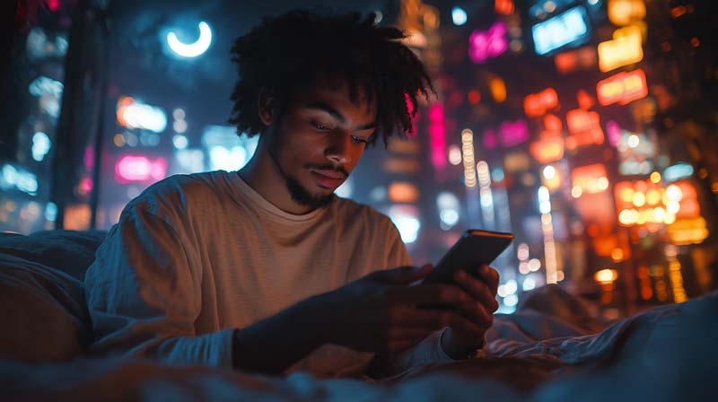 A young mixed-race man sits in a dimly lit room at night, illuminated by the glow of his smartphone. The vibrant backdrop features colourful neon signs and a crescent moon, blending the modern influence of technology with the natural sleep evolution disrupted by urban environments.