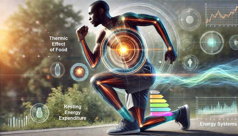 An individual in athletic motion with glowing overlays illustrating the body's energy systems—thermic effect of food, resting energy expenditure, and activity-related energy use—set against a natural outdoor backdrop.