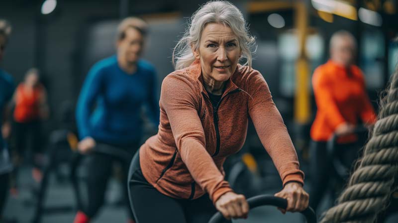 A determined older woman in athletic attire exercises in a gym, gripping equipment with a confident and focused expression, highlighting physical activity benefits in obesity within a supportive group setting.