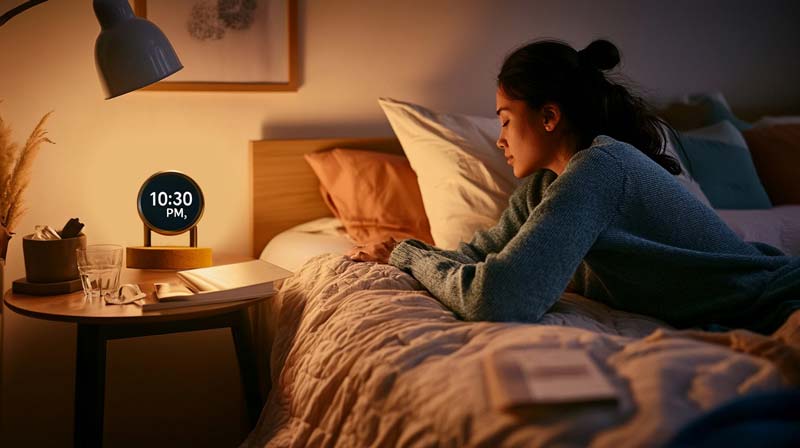 A cosy bedroom with soft lighting. A young woman is lying in bed, resting peacefully. On the bedside table, a clock displays 10:30 PM, alongside a glass of water and an open book, symbolising the calm and balance of maintaining a consistent bedtime routine.