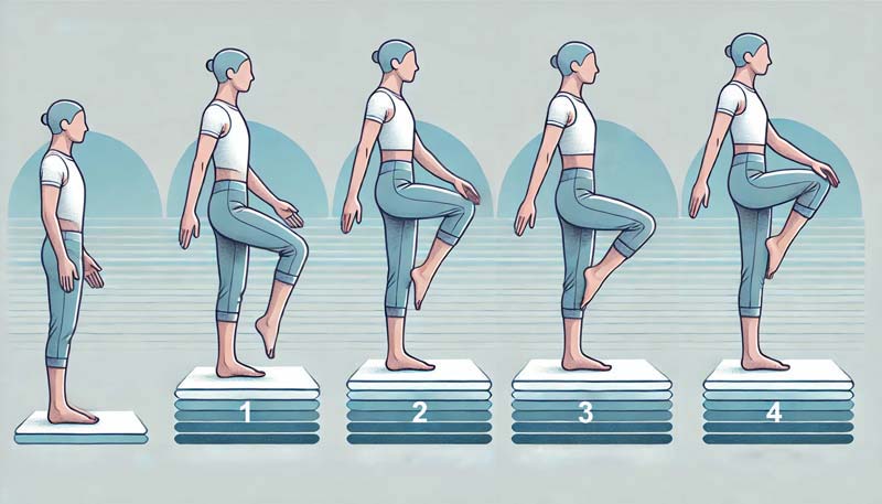 A progression graphic illustrating five stages of balance. Stage 1 shows feet together in a standing position, Stage 2 depicts a semi-tandem stance with one foot slightly forward, Stage 3 shows tandem stance with one foot directly in front of the other, Stage 4 demonstrates single-leg preparation with one foot slightly lifted, and Stage 5 illustrates single-leg balance with one leg fully lifted. The individual maintains both hands firmly on their hips throughout the stages, showcasing proper posture for single leg balance progression.