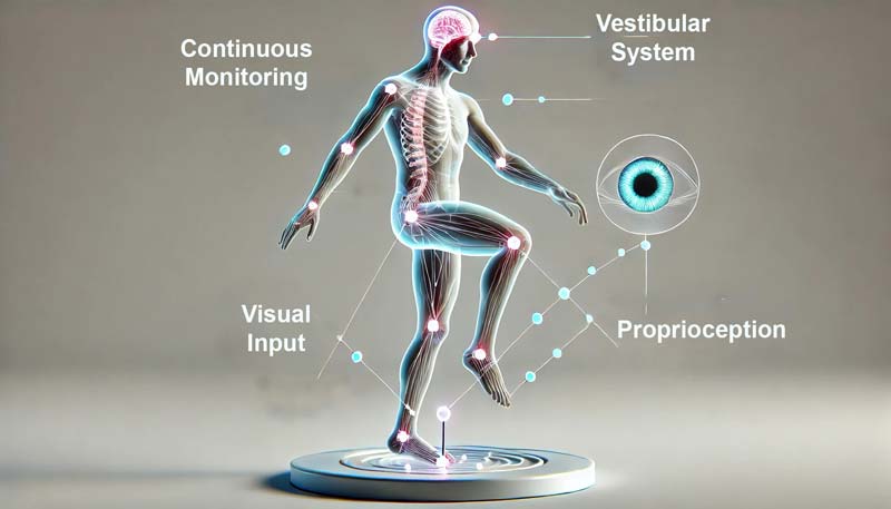 A semi-transparent human figure standing on one leg with key systems for balance highlighted. The vestibular system, visual input, and proprioception are represented by glowing and dotted pathways, illustrating their role in maintaining stability.