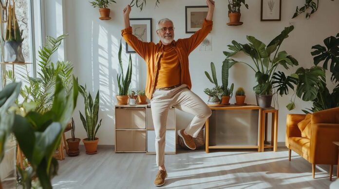 An older man with white hair and glasses balances on one leg in a bright, plant-filled living room. He is dressed casually in a mustard jumper and beige trousers, with arms raised for balance, performing a single leg balance exercise to emphasise health, wellness, and ageing gracefully.
