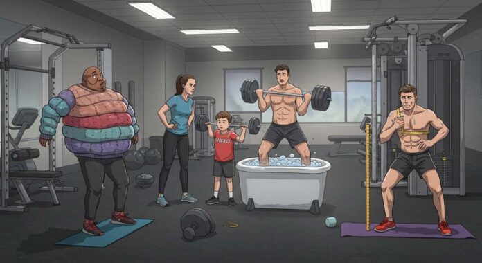 A gym scene filled with humorous depictions of fitness misinformation, where people engage in exaggerated exercise myths. One person wears excessive layers in an attempt to sweat away fat, another measures their muscles with a ruler mid-workout, and a man soaks in an ice bath believing it to be an instant performance booster. The setup highlights how exercise and fitness myths often shape people's training beliefs.