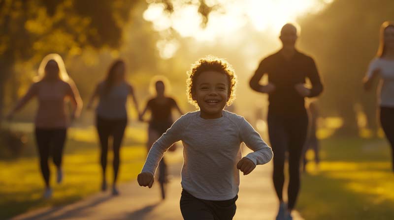 A park scene featuring a smiling child running energetically towards the viewer, with a diverse group of people jogging and walking in the background. The golden sunlight enhances the atmosphere, symbolising positivity, health, and the importance of movement to counter the health risks of a sedentary lifestyle.