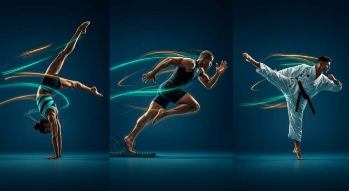 A dynamic triptych composition featuring a gymnast in a controlled handstand, a sprinter launching from the blocks, and a martial artist delivering a precise kick, each showcasing skill-related components of fitness.