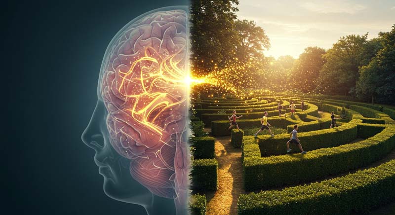 A striking visual of a human brain with glowing neural connections, seamlessly transitioning into a vibrant outdoor labyrinth where individuals engage in physical activity. The scene symbolises the powerful relationship between mental and physical fitness, illustrating how movement enhances brain function and cognitive health.