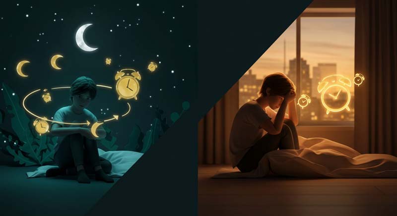 A split image contrasting the effects of staying up late and struggling in the morning. The left side shows a teenager sitting awake at night under a crescent moon, surrounded by glowing clocks orbiting them in an abstract manner. The right side depicts the same teenager in the morning, sitting on the edge of a bed with a tired expression, illuminated by the golden glow of clocks and a cityscape visible through the window.