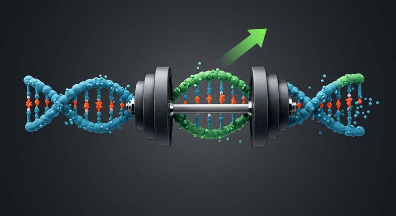 A visually striking image of a DNA double helix, coloured in shades of blue and green, transitioning into a metallic dumbbell. Telomere structures are visible at the ends of the helix, symbolising the connection between genetics, cellular health, and strength training. A green upward arrow in the background represents growth, rejuvenation, and positive change, while the dark backdrop emphasises the scientific and motivational theme.