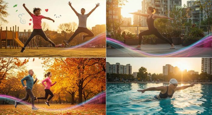 A visually engaging collage of people engaged in different fitness activities—children jumping playfully, a woman stretching in an urban rooftop environment, runners embracing the fresh air of a park, and a dedicated swimmer gliding through water—showcasing the diversity and positive impact of movement on well-being while emphasising the health benefits of regular exercise.