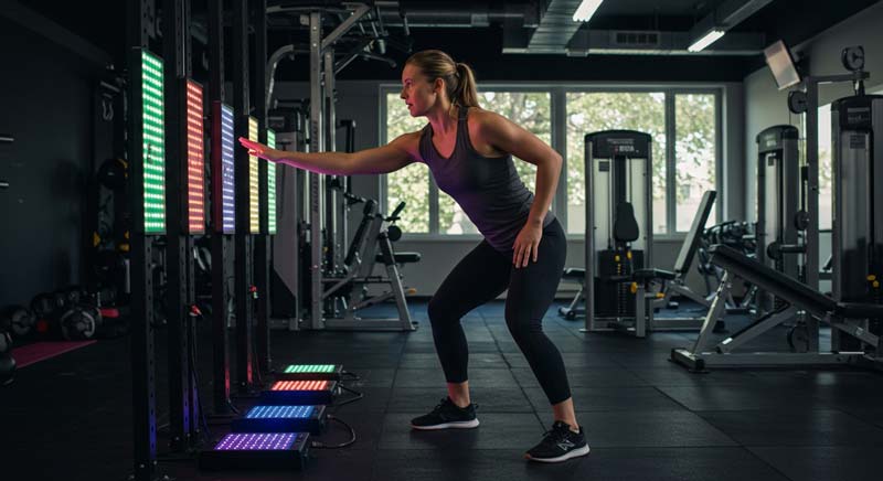 A female athlete in a gym using reaction lights for training, focusing on quick response and agility. She is positioned in a crouched stance, reaching towards the lights, which are changing colours in front of her, emphasizing fitness basics for health and wellness. The gym environment is modern, with fitness equipment visible in the background.