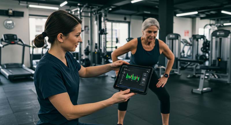A fitness trainer showing a tablet with workout data and progress graphs to an older woman performing an exercise in the background. The gym setting is modern with various fitness equipment visible.