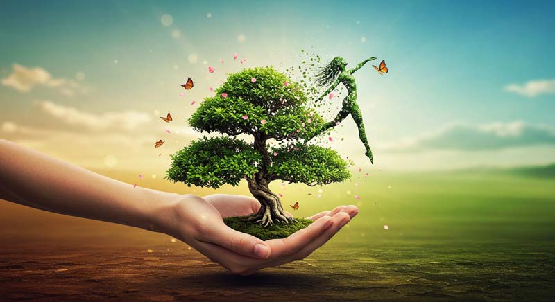 A surreal and uplifting image of a hand gently holding a lush bonsai tree, from which a figure made of leaves and branches emerges in a graceful leap, symbolising vitality, growth, and transformation. Surrounding the scene are delicate butterflies and floating petals, reinforcing the idea of renewal, balance, and the health benefits of regular exercise. The background transitions from warm golden tones to soft greens and blues, creating a sense of harmony and well-being.